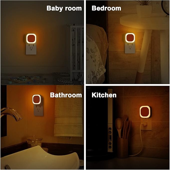 4 Pack Plug in Amber Night Light, Auto Dusk to Dawn, Soft Glow, Dimmable, Diffused Light, LED Lights for Bedroom, Kids, Bathroom, Sleep, Baby Nursery, Toddler, Hallway, Kitchen, Home Decor