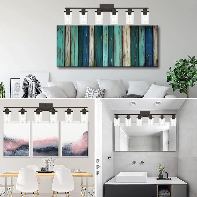 Farmhouse Vanity Lighting Fixtures Oil Rubbed Bronze 6 Light with Glass Shade Bathroom Light Fixture Industrial Wall Sconces for Kitchen Living Room Hallway