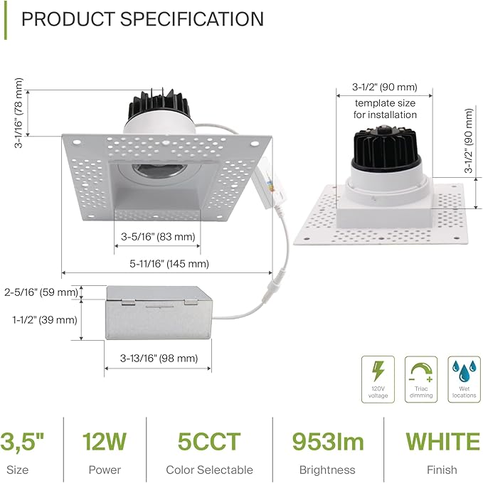 ASD Trimless 3 Inch LED Recessed Lighting, 12W 120V Commercial Square Downlight, Canless Dimmable Lights for Ceiling with J-Box, 5 CCT 2700K-5000K, CRI 90+, IC Rated, ETL, White