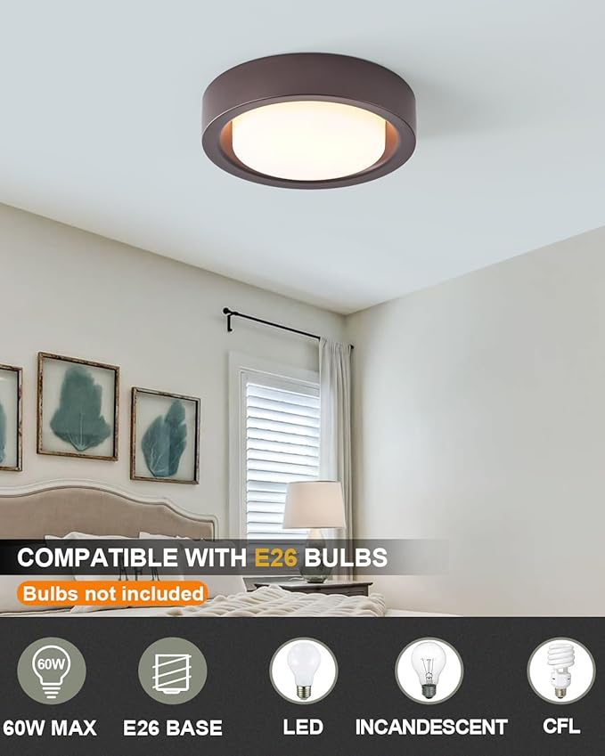 13 Inch Flush Mount Ceiling Light,Oil Rubbed Bronze Finish Plate with Frosted Glass Shade,Round Ceiling Lighting Fixture for Hallway Bedroom Closet Livingroom Kitchen Stairwell (Oil Rubbed Bronze)