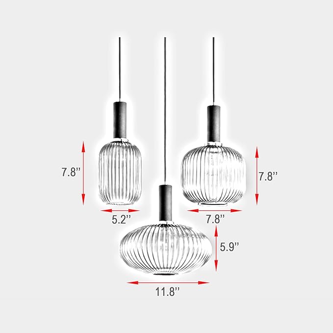Pendant Light Black Lamp Holder and Glass Striped Light Shade Modern Pendant Lighting for Kitchen Island Farmhouse Hanging Lights Fixtures (M, Amber)