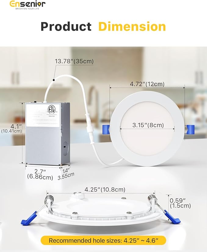 Ensenior 16 Pack 4 Inch LED Recessed Ceiling Light, Dimmable, 5000K Daylight, 750LM 9W 120V, High Brightness Canless Wafer Downlight - ETL&FCC&IC
