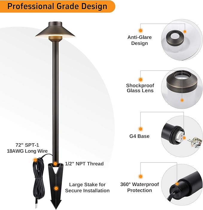 Gardenreet Low Voltage Landscape Lighting Brass - 12v Pathway Lights Waterproof, Hard Wired Path Light Outdoor, Mushroom Bronze for Exterior Area Patio House with 3W 5000K Daylight G4 Bulb (4 Pack)
