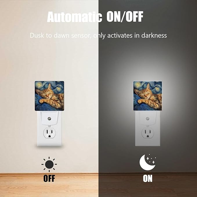LED Night Lights Plug into Wall,Starry Night Napping Brown Tabby Cat Decorative Night Lights Plug into Wall with Auto Light Sensor for Boys Girls Bedroom Decorative Nightlight Led Lamp