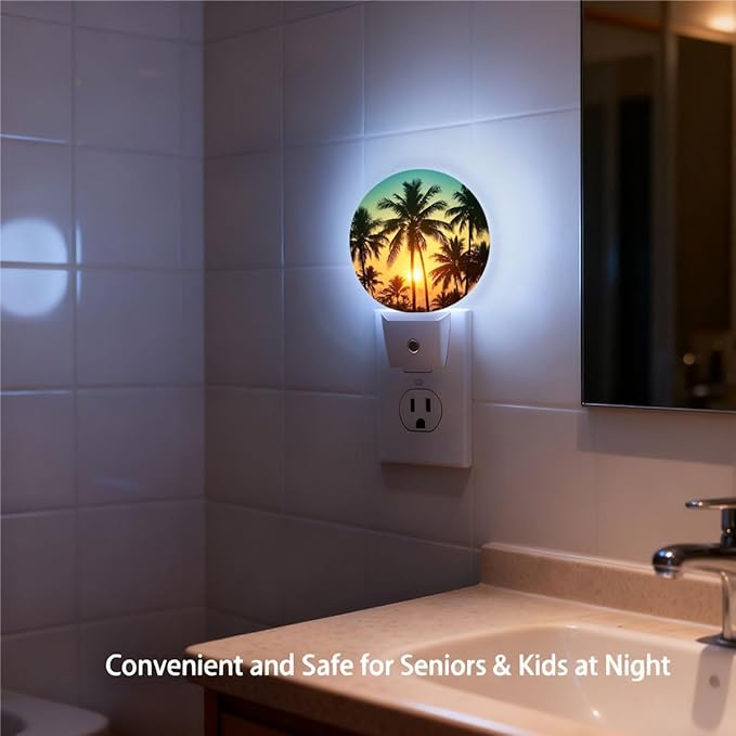 Plug-in Serene Beach Night Light Tropical Sunset with Palm Tree Silhouettes Nightlight with Dusk to Dawn Sensor, Auto On/Off 0.5W Energy-Saving LED Lighting Sleep Friendly