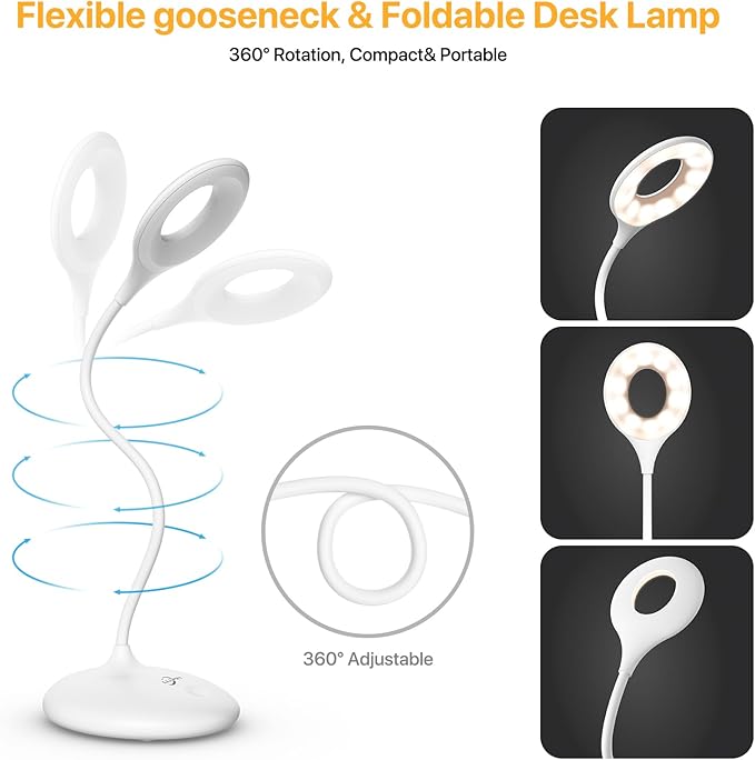 LED Desk Lamp with 3 Color Modes, Touch Control 30 LEDs Table Lamp, Stepless Dimming Reading Light,360° Flexible, Rechargeable Portable Eye-Caring Sleep Aid for Dorm Study Office Bedroom, White