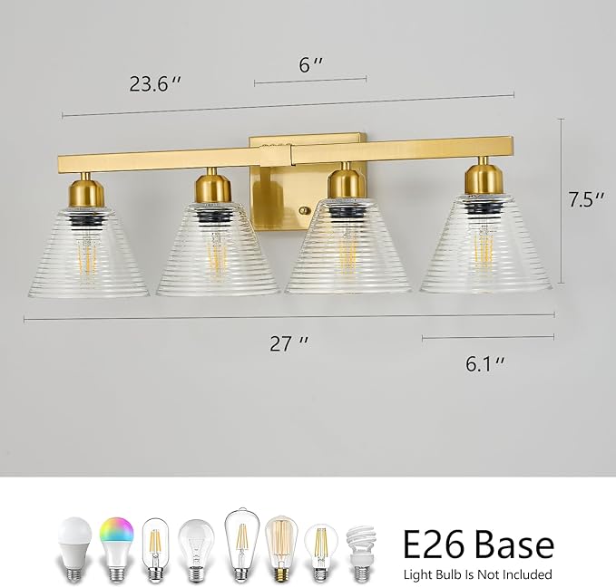 4-Light Modern Bathroom Light Fixtures, Gold Bathroom Vanity Lights with Clear Glass Shade, Farmhouse Wall Sconces for Mirror Kitchen Bedroom Living Room