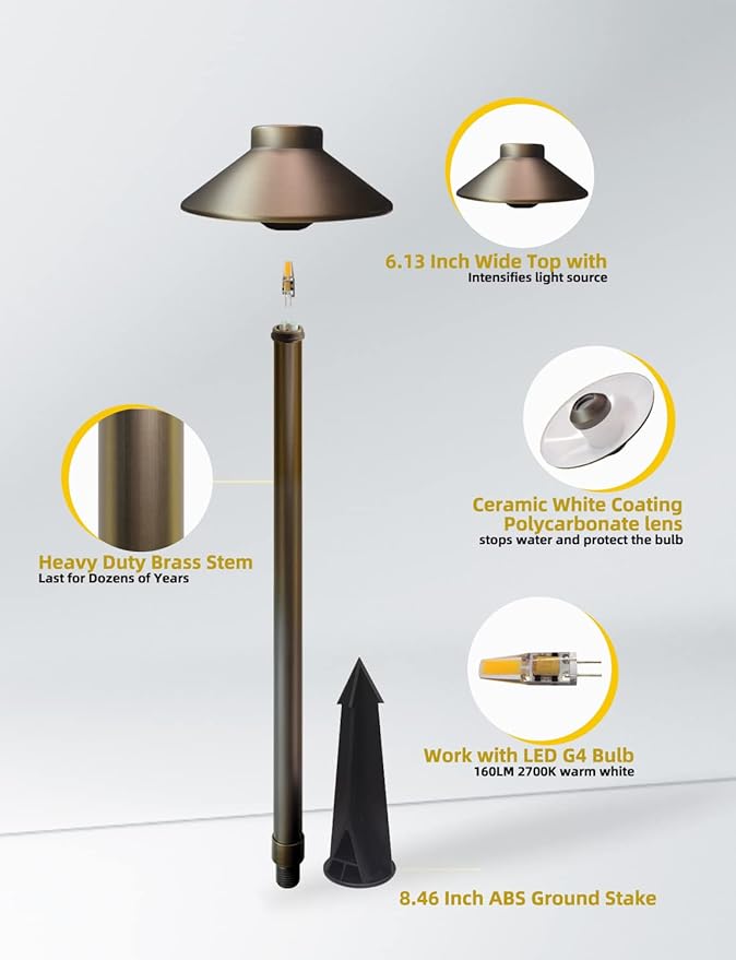 COLOER Brass Low Voltage Pathway Lights Outdoor 1-Pack with 2W LED G4 Bulb, Garden Path Lights Electric, IP65 Waterproof Outdoor Landscape Lighting Wired(602B)