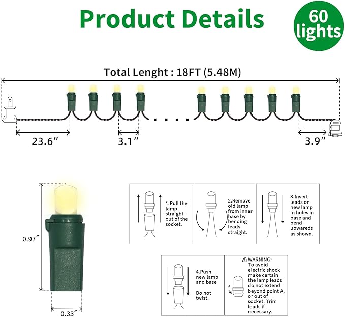 LAMPHOME 60 LED Warm White String Light - LED Christmas Lights, Mini led Lights for Indoor Outdoor Home Holiday Party Wedding Independence Day Decoration