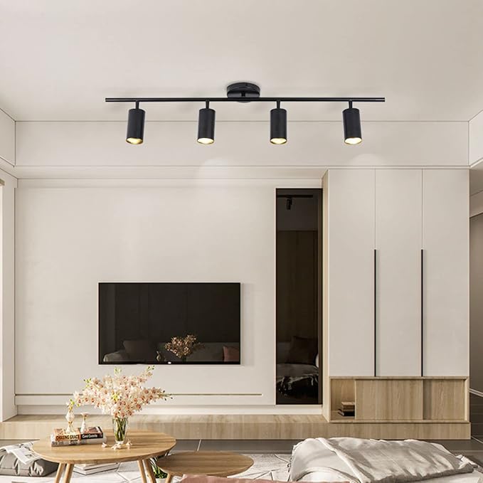 BOKT Matte Black Track Ceiling Light Modern 4-Lights LED Track Lighting Kit Farmhouse 4 Ways Flush Mount Ceiling Spotlight Vintage Adjustable Track Lighting Fixture