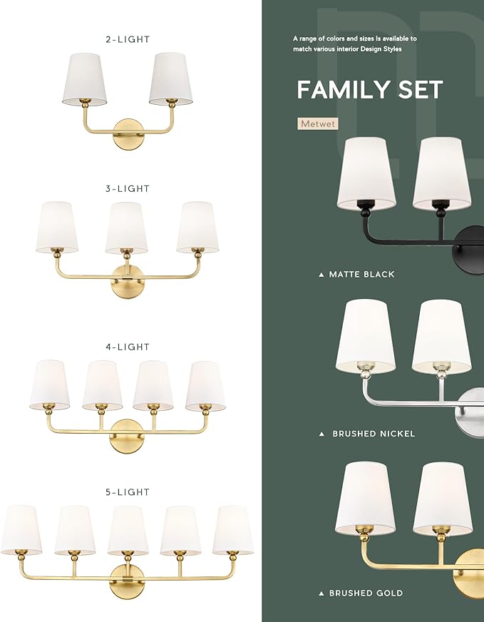 Bathroom Light Fixtures, 5 Light Brushed Gold Vanity Lights with Flared White Fabric Shade, 35 Inch Wall Sconce, Modern Sconces Wall Lighting for Hallway Bedroom, VL837-BG-5