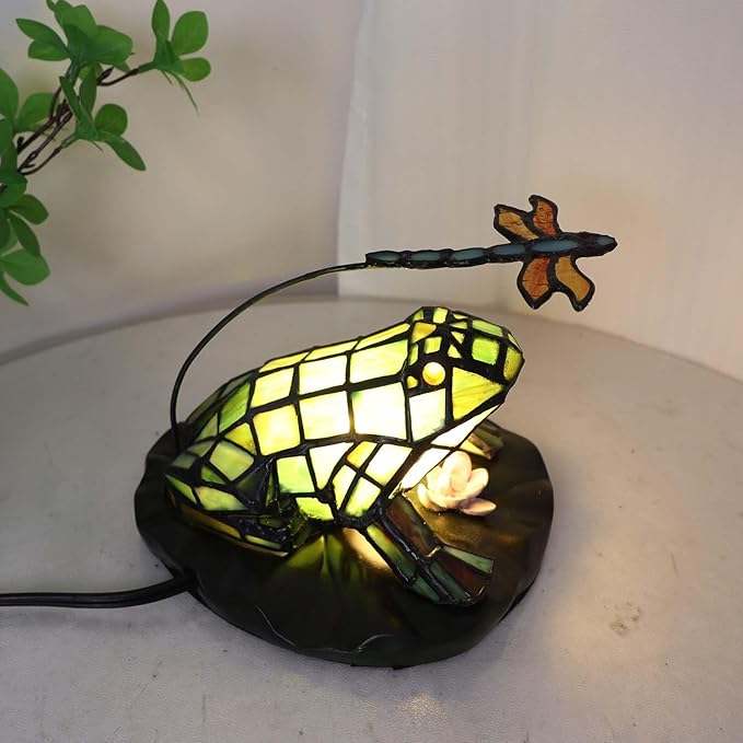 Bieye L12014 Frog Table Lamp Tiffany Style Stained Glass Accent Night Light for Home Décor Nursery Bedside (Staring at Dragonfly)