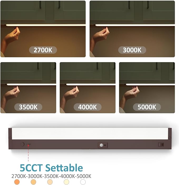 LED Under Cabinet Lighting Motion Sensored Hardwired with Built-in Dimmer, 24 Inch 12W Dimmable 5 Color 2700/3000/3500/4000/5000K, Linkable Eyes Care for Kitchen, Counter, ETL Listed, Bronze