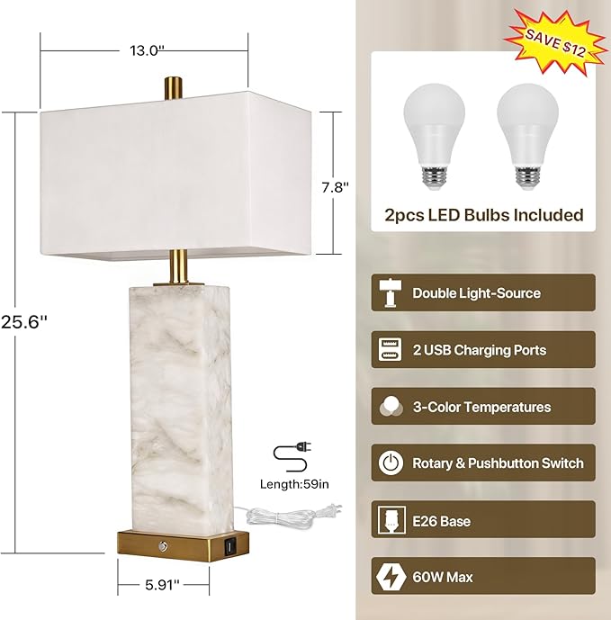25.6" Alabaster Lamp, Marble Lamp Nightstand Lamps Set of 2, Modern Table Lamp with USB Ports, 3-Color Temperatures Bedside Lamps with Nightlight, Table Lamps for Living Room Bedroom, Bulbs Included