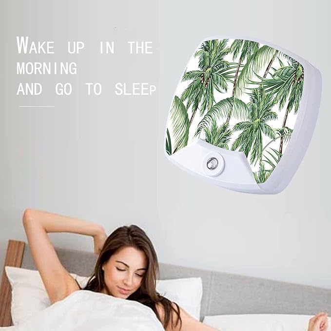 LED Square Night Light,Green Tropical Leaves Palm Trees LED Night Light Plug into Wall with Dusk to Dawn Light Sensor White Energy Efficient Nightlight for Bedroom Hallway Living Room Kitchen