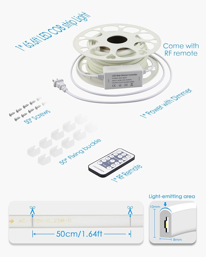 65.6FT COB Led Strip Lights Cold White AC 110V~120V Flexible COB LED Light Strip Outdoor Waterproof LED Rope Light Dimmable Cuttable 6000K for Garden Building Commerical Decor with Remote