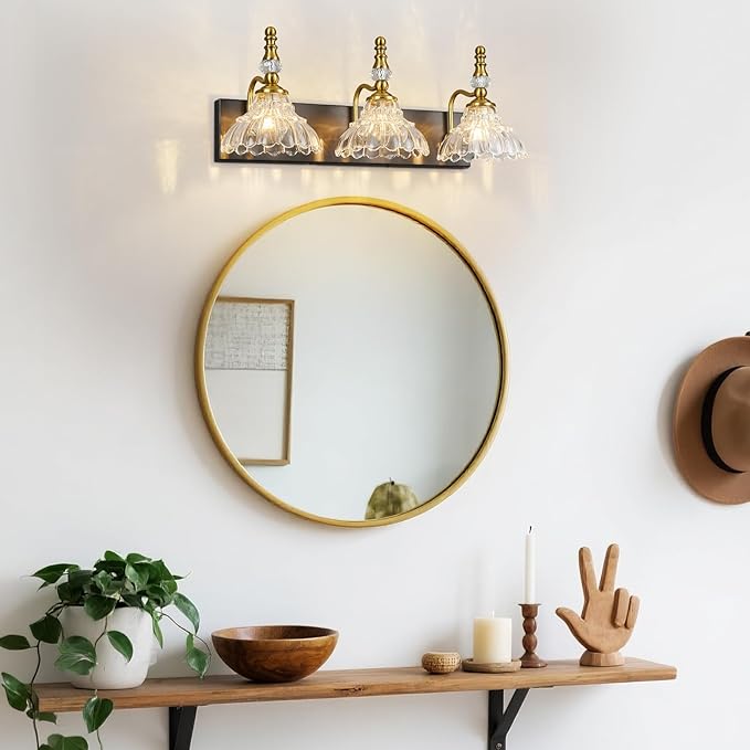 Vintage Bathroom Vanity Light, 3-Light Black Gold Vanity Lighting Fixture with Flower Glass Shade, Bathroom Lighting Fixtures Over Mirror