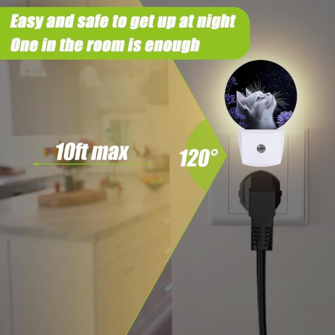 White Cat Night Light,Purple Flowers Plug-in Night Lights with Dusk-to-Dawn Sensor for Bedroom Bathroom and Living Room Sleep Friendly lamp