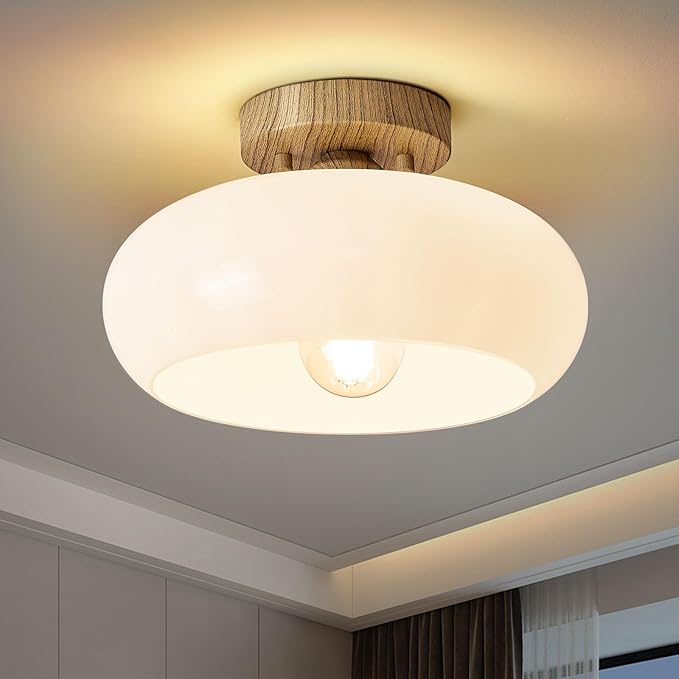 Mid-Century Modern Semi Flush Mount Ceiling Light, Faux Wood Kitchen Ceiling Light Fixture with Glass Shade, Mini White Close to Ceiling Lamp for Entryway Hallway Bathroom (11.0 Inch)