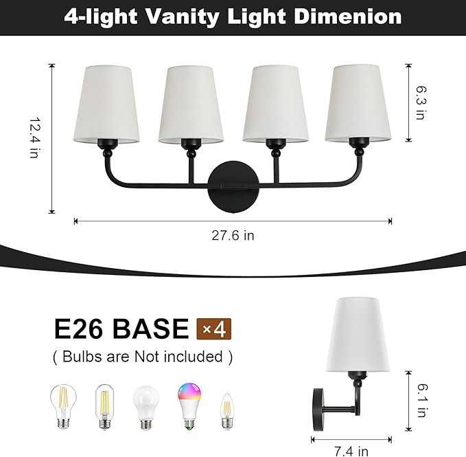 Matte Black Bathroom Light Fixtures, 4-Light Vanity Lights, Bathroom Lighting Fixtures Over Mirror with Flared White Fabric Shade, Modern Wall Sconce for Mirror Hallway Bedroom Living Room(ETL Listed)