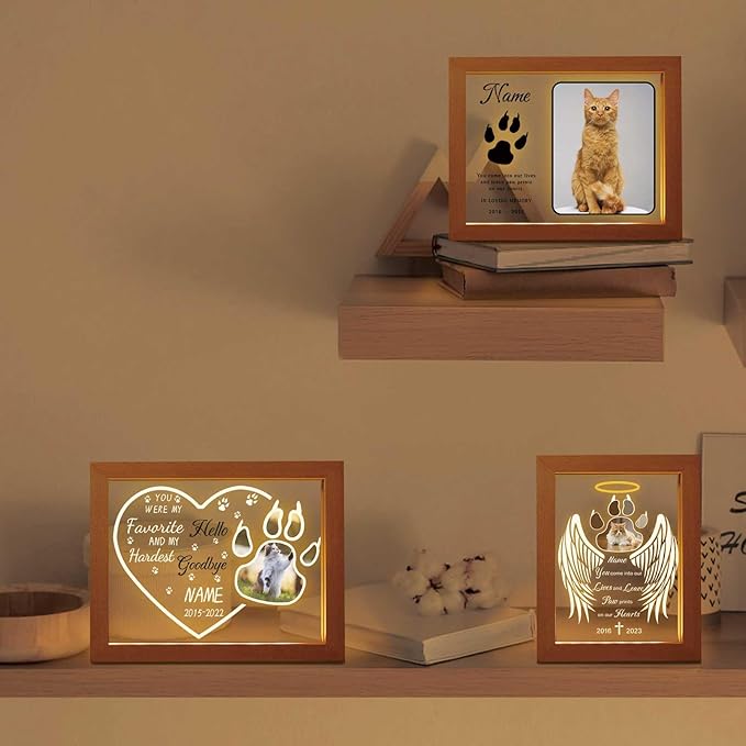 Custom Pet Memorial Night Light with Picture Frames Personalized Acrylic Plaque Dog Sympathy Gift with Photo Name Date for Loss of Dog Cat Pet(H-Cat Paw Heart)