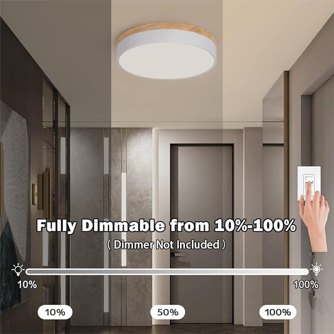 Dimmable Modern Wood Ceiling Light, White LED 5CCT 2700K-6000K Flush Mount Ceiling Lighting Fixture, Round Light Fixtures for Kitchen Entryway Hallway Bedroom Laundry Room-11.8in