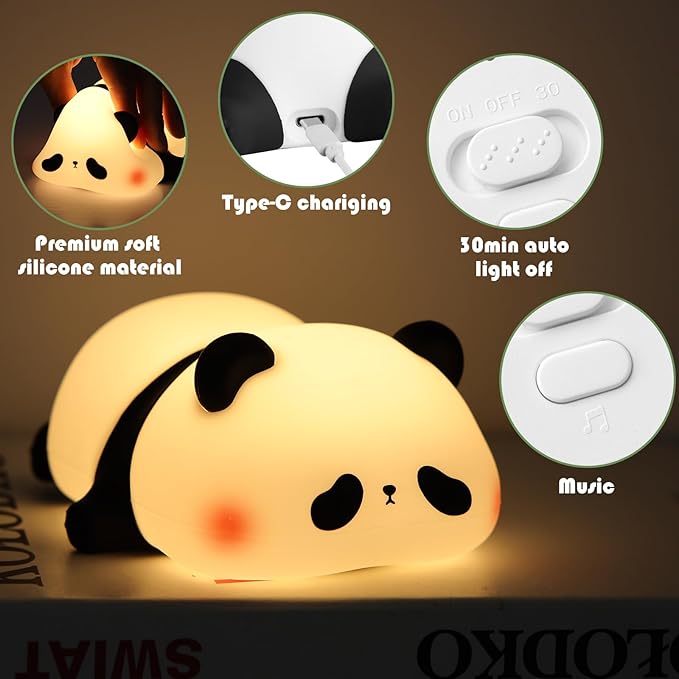 YISUN Panda Night Light with White Noise, LED Squishy Night Light, Soft Silicone Nursery Nightlight Rechargeable LED Touch Light with 4 Soothing Sleep Sounds for Kids Room