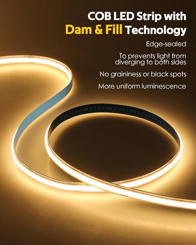 24V COB Led Light Strip 3000K 100FT with Dam-Process Bluetooth Dimmable Flexible COB LED Strip Tape Light with Remote for Bedroom Warm White CRI90+ 480LED/M Hight Density for Home Lighting 30M/2roll