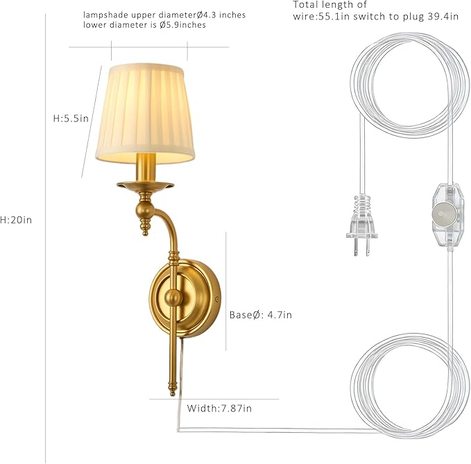 Plug in Dimmable Wall Lamp,Plug-in or Hardwired Installation Wall Sconce with Beige Fabric Shade for Wall Painting,Modern Living Room, Bedroom, Hallway,Led Bulbs Included-(Copper Color)