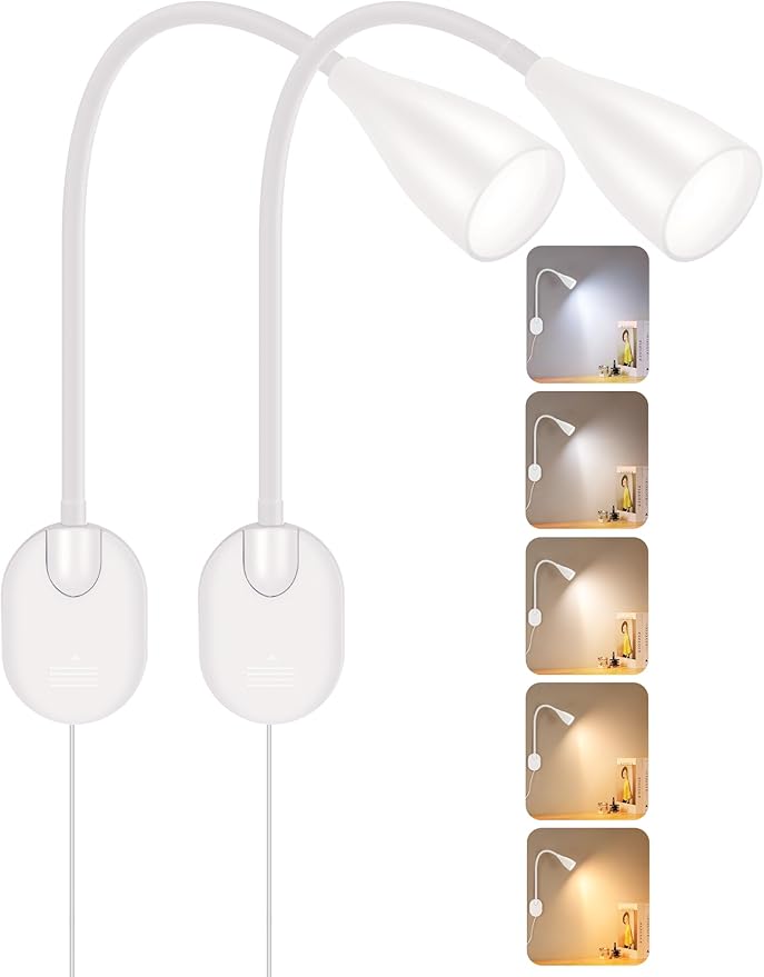 2 Pack LED Wall Mounted Bedside Reading Light, 3 Color Modes,10 Brightness Dimmable, USB Charging Port, Memory Timer Adhesive Wall Light Night Lamp for Books in Bed, Eye-Caring Bedroom Lighting White