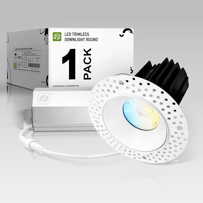 ASD Trimless 3 Inch LED Recessed Light, 15W 120V Triac Round Commercial Downlight, Canless Dimmable Lights for Ceiling with J-Box, 5 CCT 2700K-5000K, CRI 90+, IC Rated, ETL, White