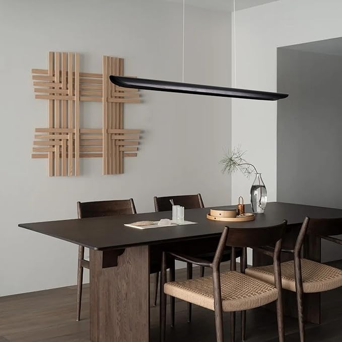 39" Modern Led Linear Pendant Light Dimmable Ceiling Hanging Lights Wood Linear Chandeliers Office Lighting for Dining Room Kitchen Island Pool Table Light Living Room Bar Pendant Light Black 24W