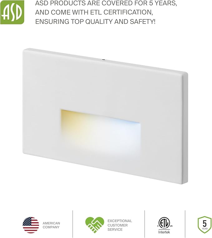 ASD LED Recessed Step Light Fixture, Dusk to Dawn Outdoor Stair Tread Lighting | 3CCT, Photocell, Waterproof, ETL Listed | 3W 120LM 3000K-5000K 120V | Staircase Hardwired Illumination | White, 4 Pack