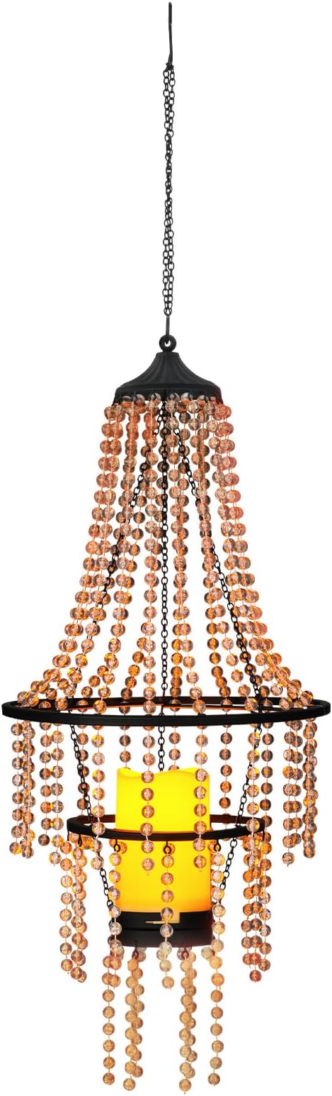 Hanging Candle Chandelier Outdoor, Battery Operated Clear Acrylic Beaded Chandelier with Flickering Led Candle Light S Hooks Modern Lantern for Garden Yard Patio Gazebo Room Indoor Decorations, 28”H