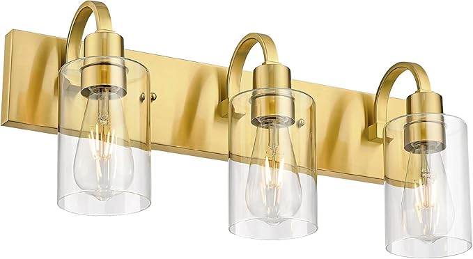 Emliviar 3-Light Vanity Lights for Bathroom, Brushed Gold Bathroom Light with Clear Glass Shade, YCE237B-3W BG