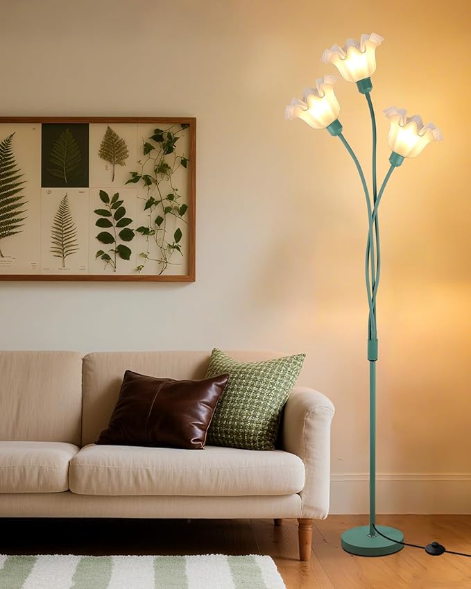 Flower Floor Lamp for Living Room, Modern Tree Floor Lamp with Adjustable Heads, 3 Light 3000K Soft Warmwhite Mid Century Standing Tall Lamp for Bedroom Kids Room-Green