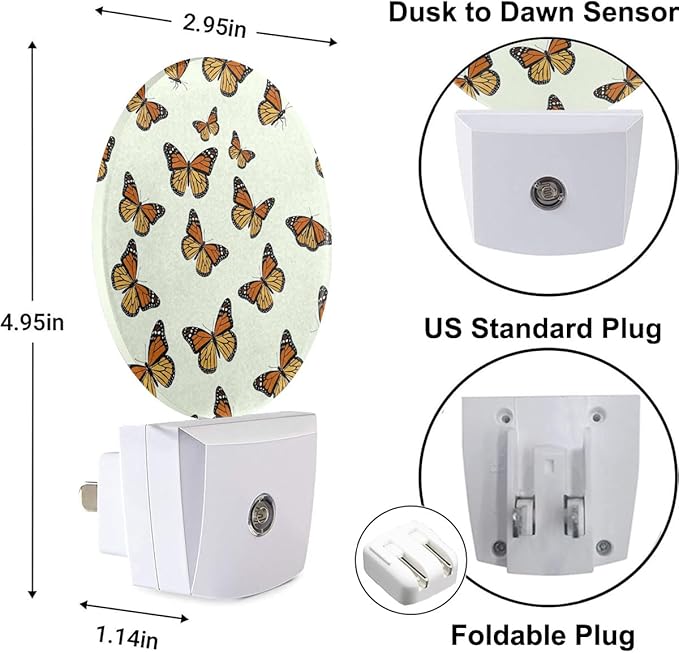 Plug-in Monarch Butterflies Night Light Sage Green Nightlight with Dusk to Dawn Sensor, Auto On/Off 0.5W Energy-Saving LED Lighting for Men Women Boys Girls Gift