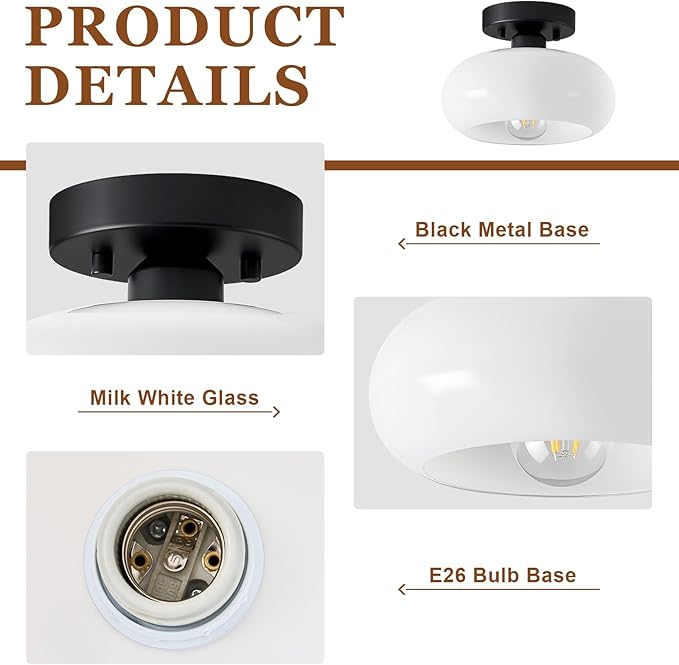 Mid-Century Modern Semi Flush Mount Ceiling Light, Metal Kitchen Light Fixture with Glass Shade, Mini White and Black Colse to Ceiling Lamp for Entryway Hallway Bathroom (8.66 Inch)