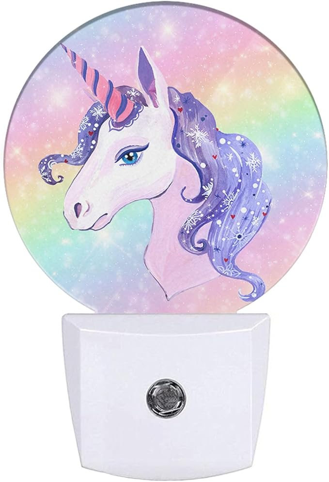 Plug-in Cute Unicorn Night Light Rainbow Background Nightlight with Dusk to Dawn Sensor, Auto On/Off 0.5W Energy-Saving LED Lighting for Men Women Boys Girls Gift