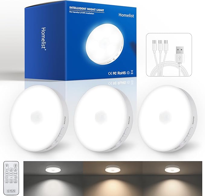 Homelist 3 Pack 1500mAh Upgraded Ultra Bright Motion Sensor Lights Indoor, Rechargeable Puck Light with Remote, Battery Operated Sensor Night Light for Stairs, Cabinet, Bedside, Closet