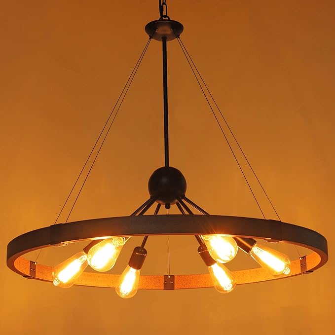 31.5'' Farmhouse Chandeliers for Dining Room, Rustic Wagon Wheel Chandelier for Entryway, Sputnik Light Fixture for Breakfast Area Stairwell Bedroom Foyer, Vintage Rust and Black Finishe
