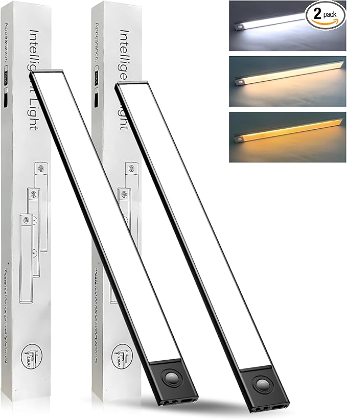 SPOLI Under Cabinet Lighting, Motion Sensor Kitchen Light Indoor, 1800mAh Battery Operated Closet Lights, 54 LED Dimmable Stairs, 2 Pack Magnetic Under Counter Lights for Kitchen - Black 12"