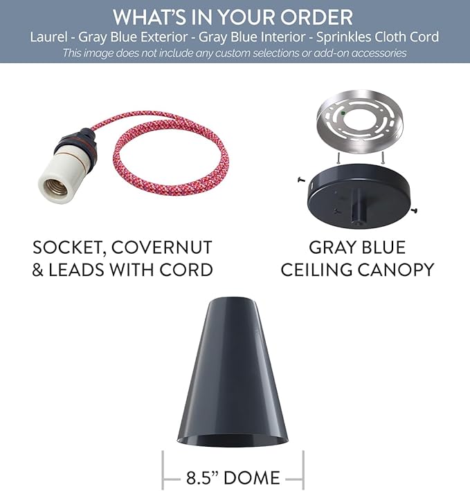 Steel Lighting Co. Laurel Pendant Light | Ceiling Mounted | 8.5 inch Cone Shade | Modern Contemporary Farmhouse Style Made in America | Sprinkles Cloth Cord | Gray Blue Exterior/Gray Blue Interior