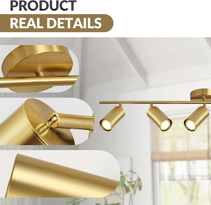 BOKT 5-Light LED Track Lighting Fixtures Ceiling Gold Modern 5 Way Spotlight Fixture Indoor Spot Lighting Mid Century Vintage Linear Kitchen Track Lighting Kit Brushed Brass Picture Light