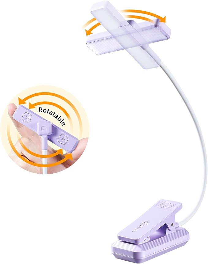 VAVOFO Rechargeable Book Light Rotatable：24 LEDs Reading Light, 3-Color & 9-Brightness Book Lamp, Eye Cared 120Hrs Runtime Lightweight Clip on Led Light for Book Lovers (Purple)