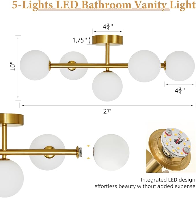 LED Bathroom Vanity Light Fixtures: Modern Gold Brushed Brass 5 Lights Wall Sconce Lighting - Dimmable Vanity Light with Milk White Globe Bubble Glass Shade - Mid century Bathroom Lights over Mirror