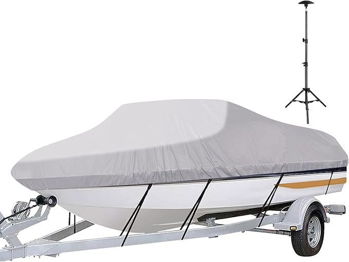 iCOVER Trailerable Boat Cover with Support Pole- 17'-19' Heavy Duty Waterproof Tarp Covers, Fits V-Hull, Fish&Ski, Pro-Style, Fishing, Runabout, Bass Boats, up to 17ft-19ft Long X 96" Wide