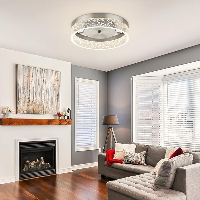 LED Flush Mount Ceiling Light Fixture, 12In Crystal Chandelier with Clear Bubble Acrylic, Modern Ceiling Lighting for Dining Room, Bedroom, Living Room, Kitchen, Brushed Nickel, 4000K Dimmable