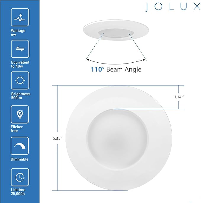 Jolux 4 Inch 5CCT LED Can Lights Adjustable Recessed Retrofit Downlight,Recessed Lighting CCT Selectable 2700K/3000K/3500K/4000K/5000K,6W=40W,500LM,Dimmable,E26 Screw Base,Bevel Trim,4-Pack.…