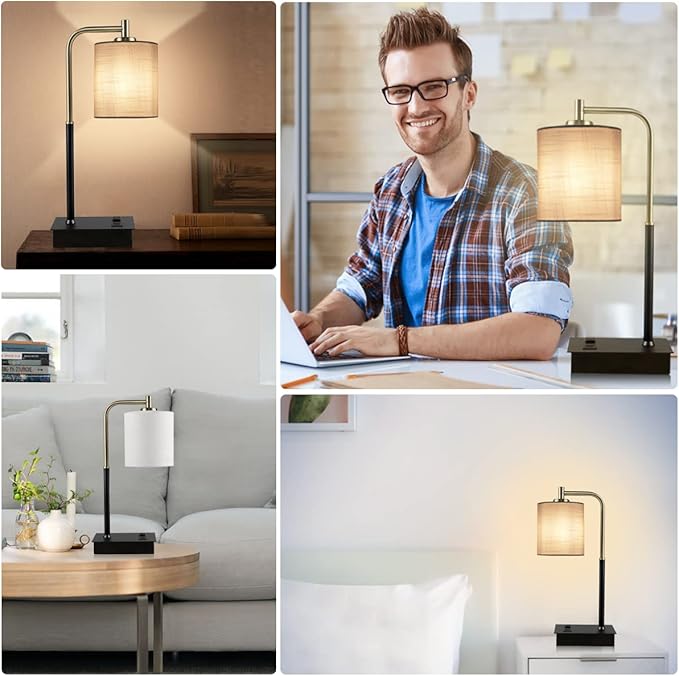Table Lamp for Bedroom Set of 2 - 3-Way Dimmable Bedside Lamps with USB A+C Port and 1 AC Outlet White Linen Shade Nightstand Lamps for Living Room, Desk Lamps for Office Reading (Includes 2 Bulbs)